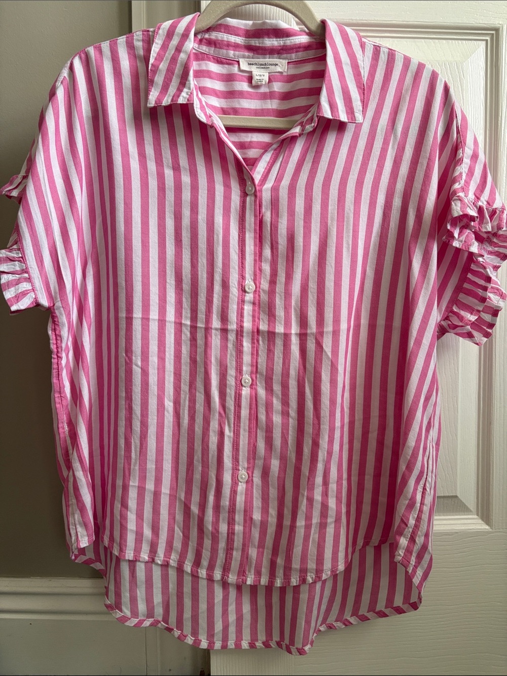 beachlunchlounge Pink and White Striped Button-Front Blouse